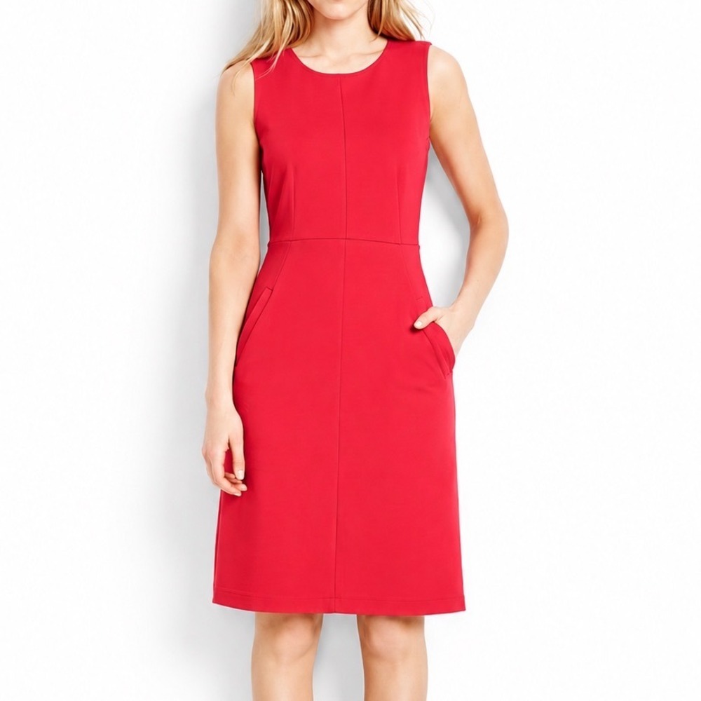 NWT Lands End Coral Red Sleeveless Ponte Sheath Dress Knee Length Pockets 14